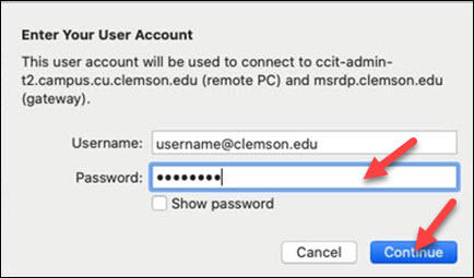 Red arrow to Password and Continue